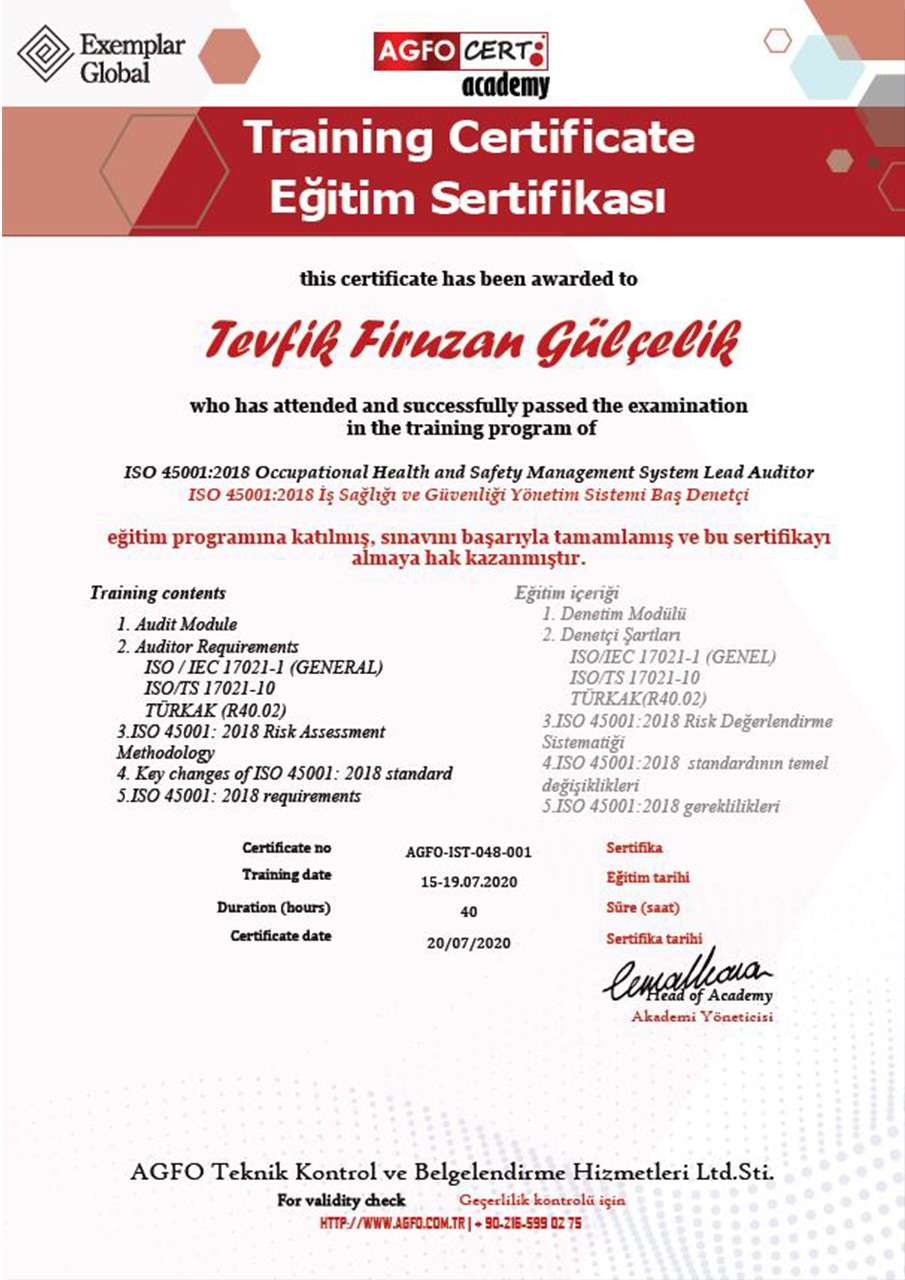ISO 45001 Baş Denetçi Sertifikası